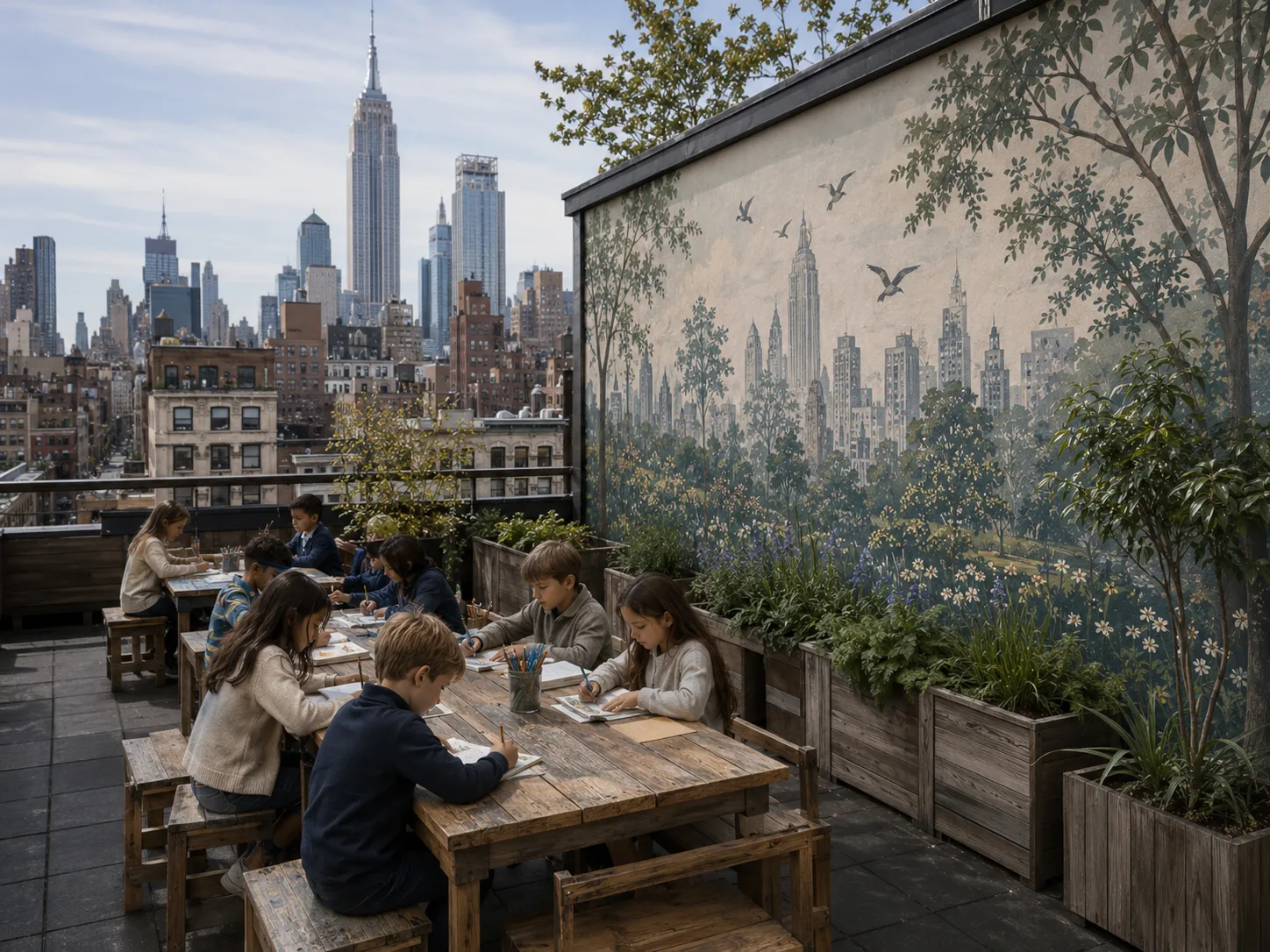 The Bilton School — Rooftop classroom with skyline mural, garden planters, and students at work