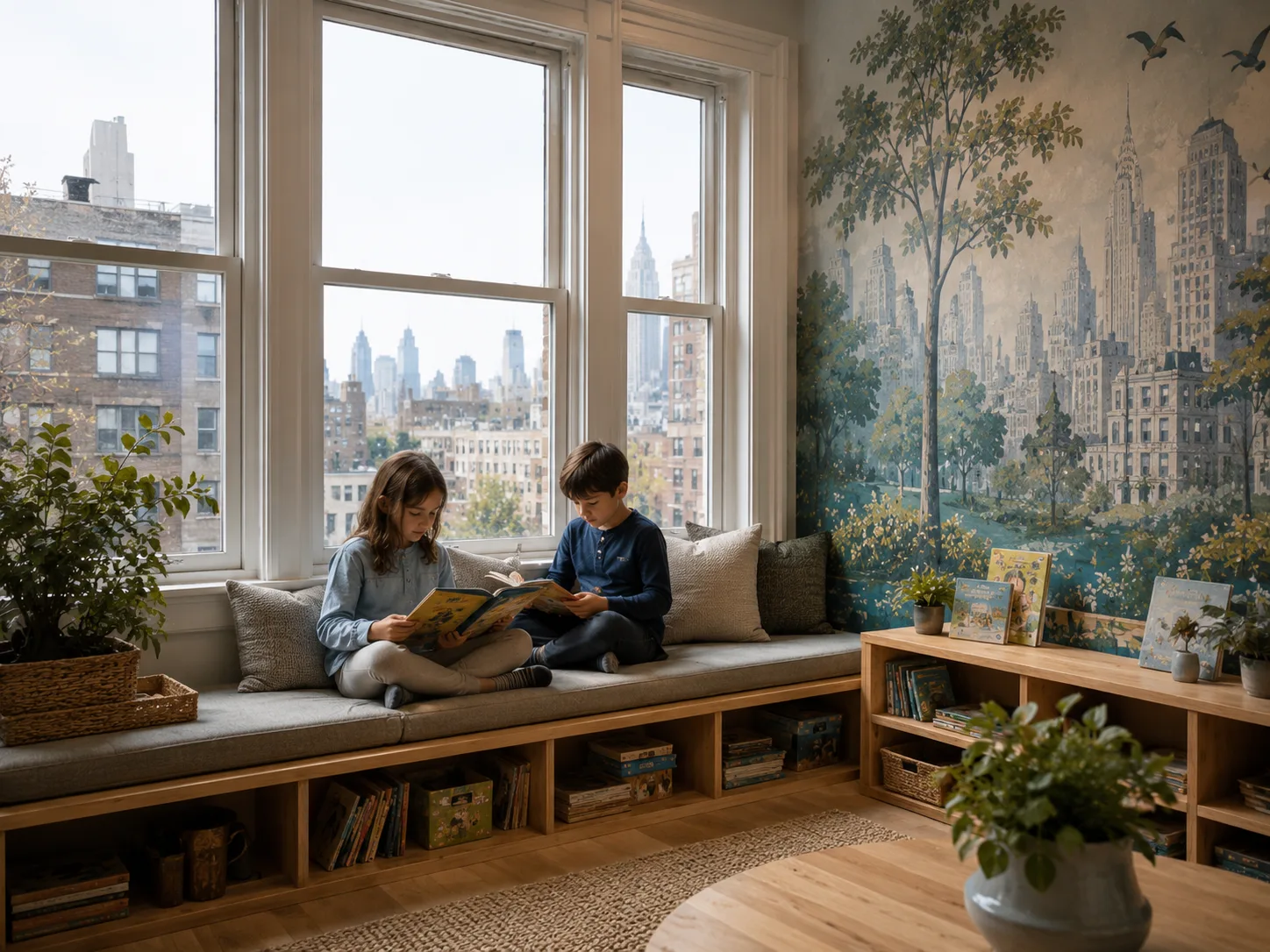 The Bilton School — Window-seat reading nook with Empire State Building view and park mural