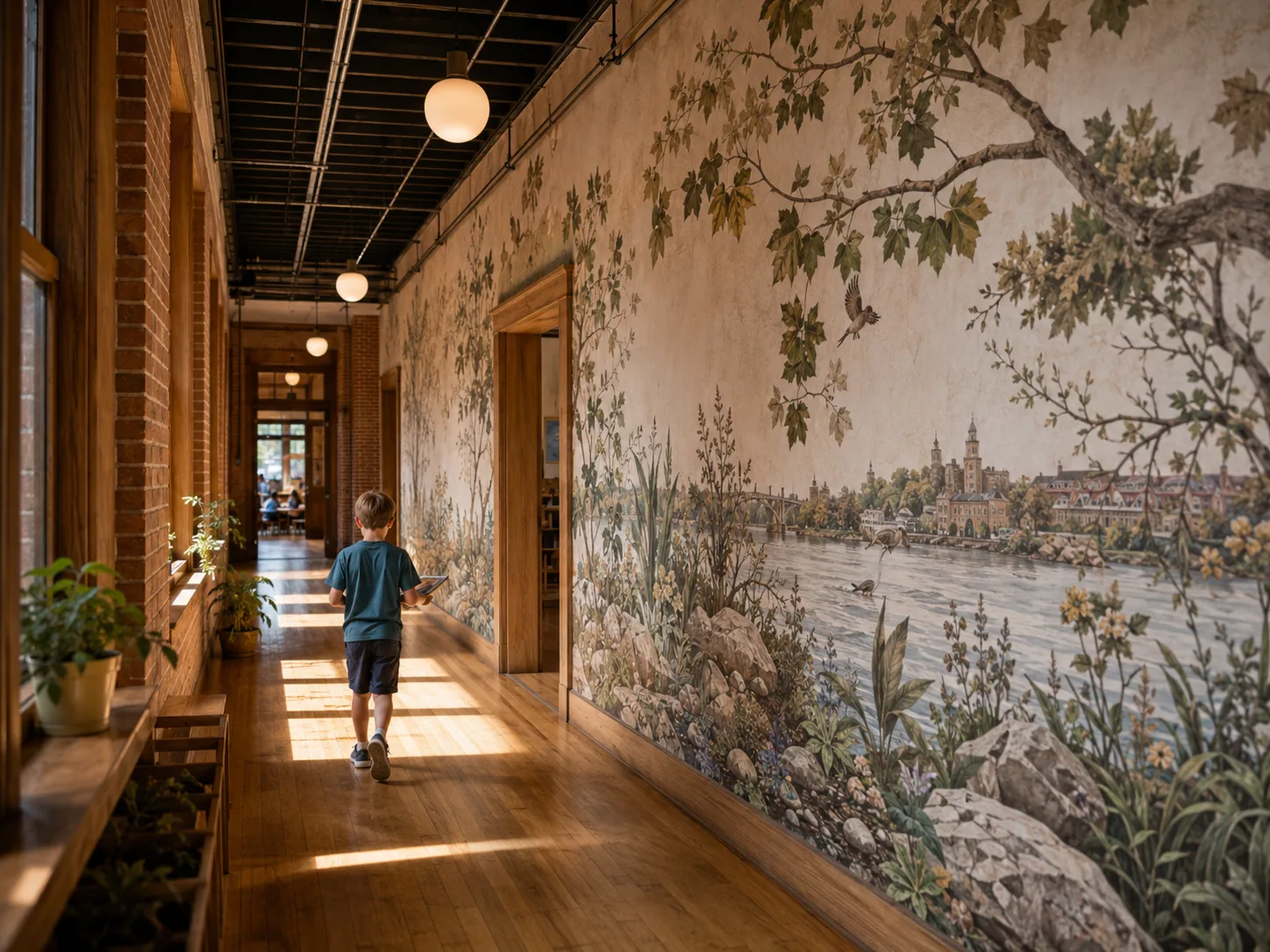 The Bilton School — Brick hallway with river mural, globe pendants, and a student walking toward class