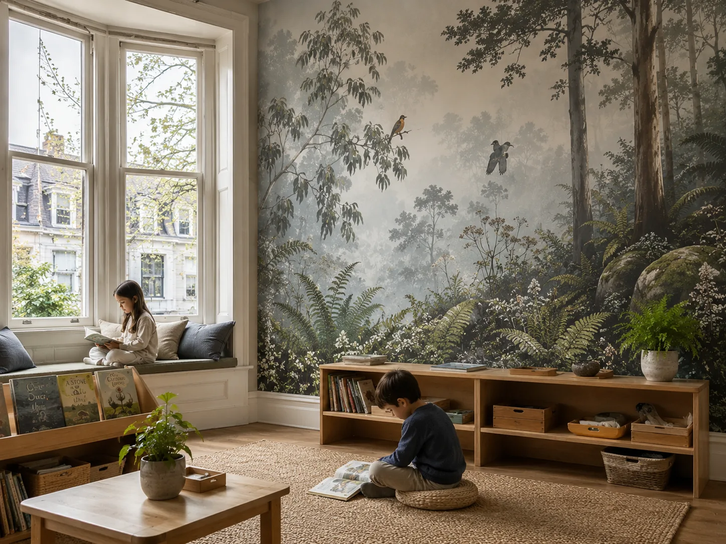 The Bilton School — Forest mural reading room with bay window seat and quiet study