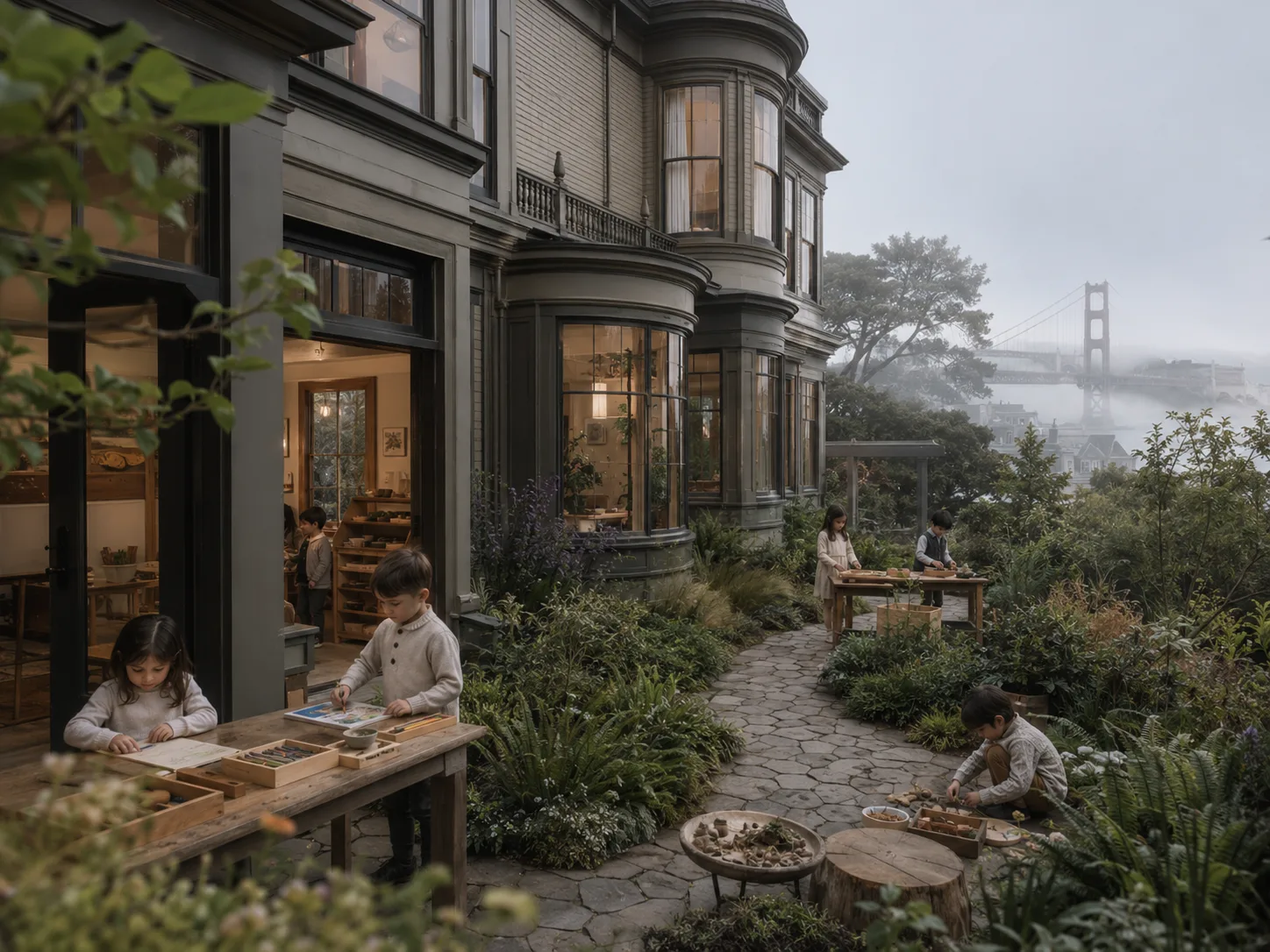 The Bilton School — Victorian mansion garden classroom with the Golden Gate Bridge in coastal fog beyond