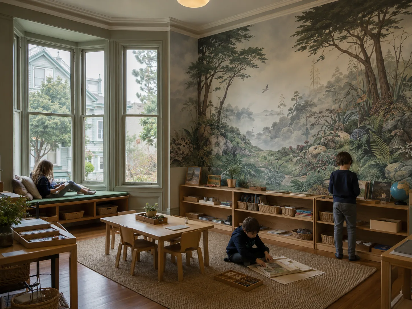 The Bilton School — Reading room with forest mural and Victorian row houses visible through the bay windows