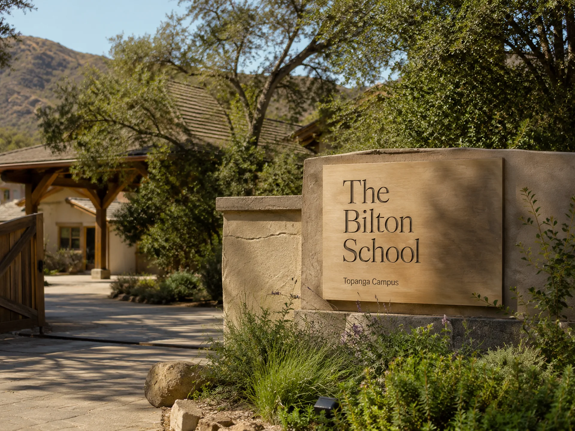 The Bilton School — Topanga Campus arrival sign on a stone wall with canyon hills beyond