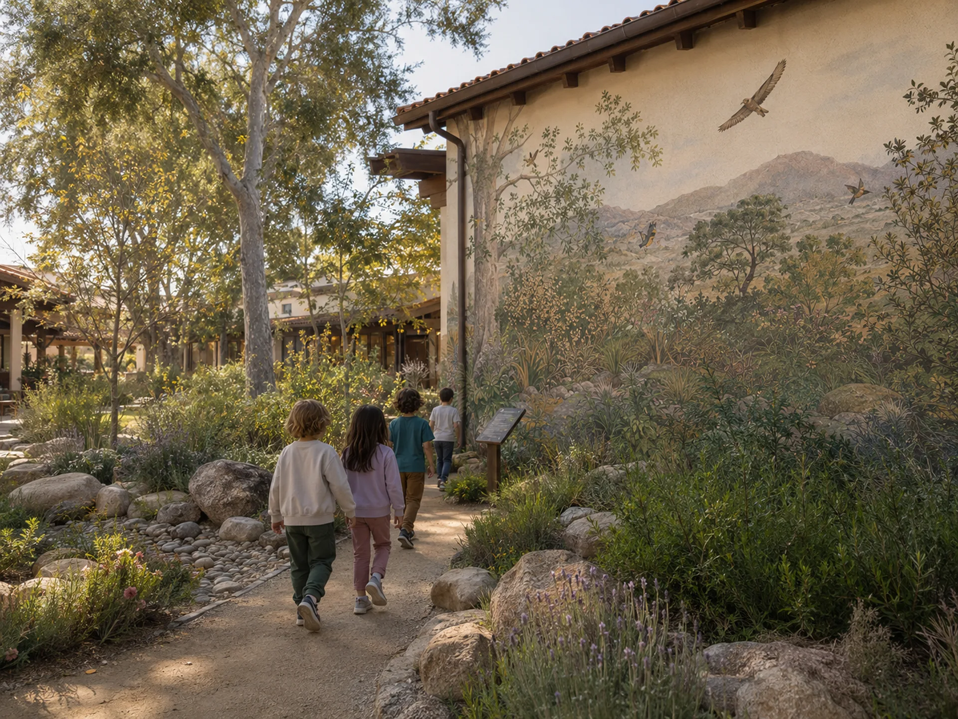The Bilton School — Students walking a campus path beside a landscape mural and native plantings