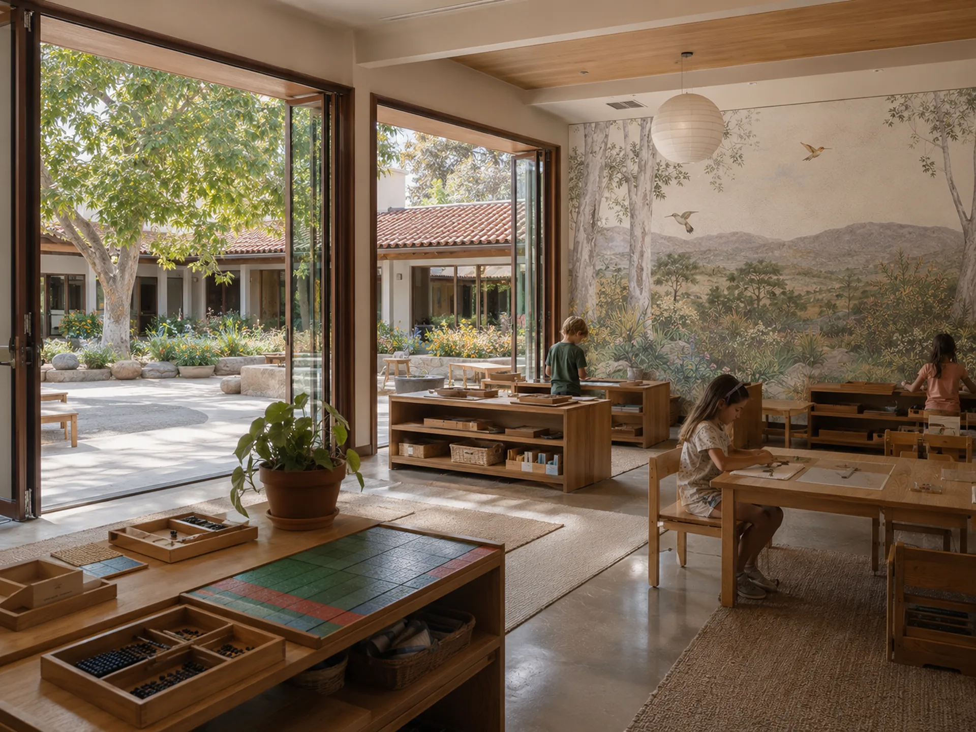 The Bilton School — Primary classroom with bi-fold doors open to a Mediterranean courtyard and landscape mural