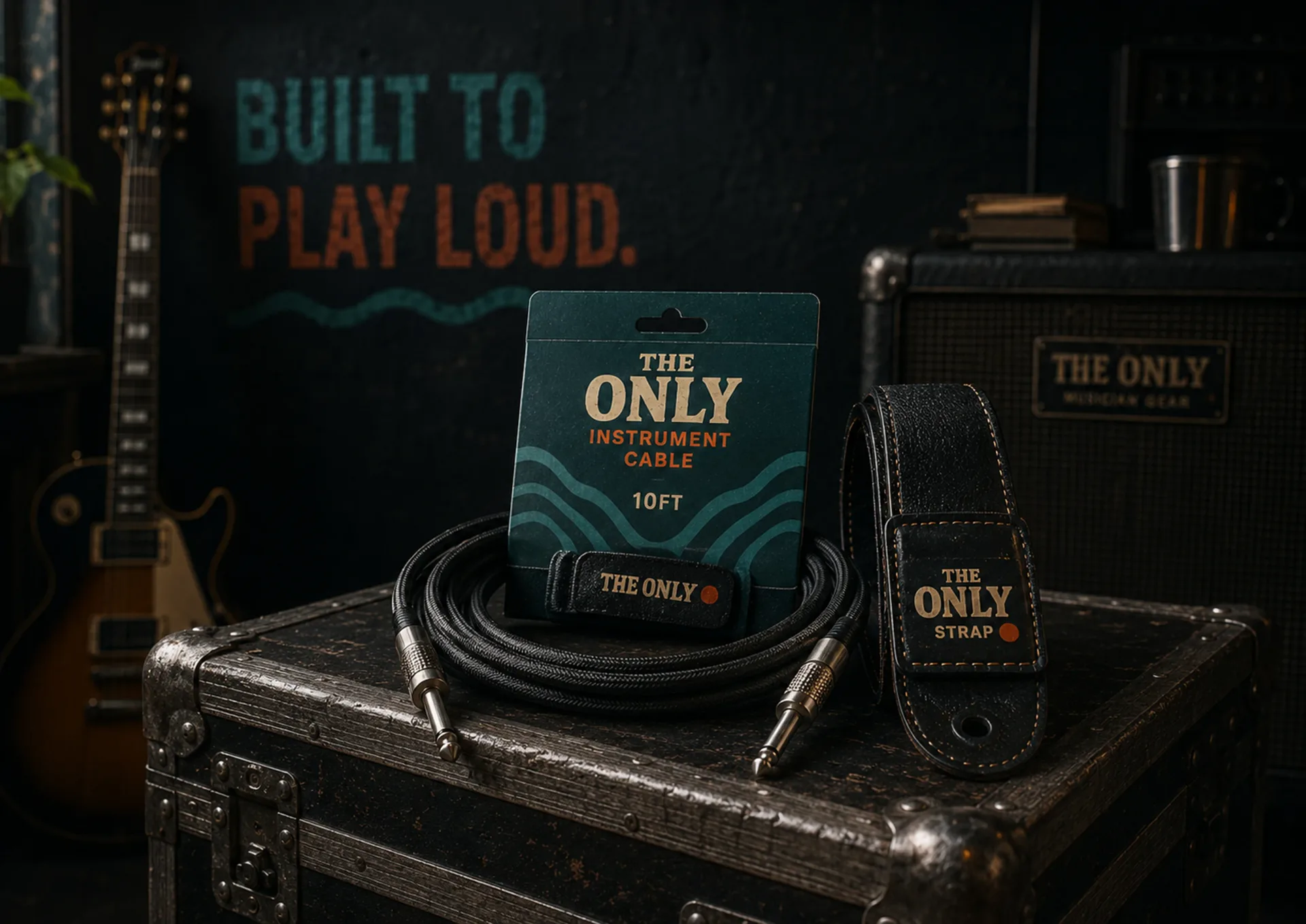 The Only — The Only instrument cable and guitar strap on a worn road case with amplifier and guitar