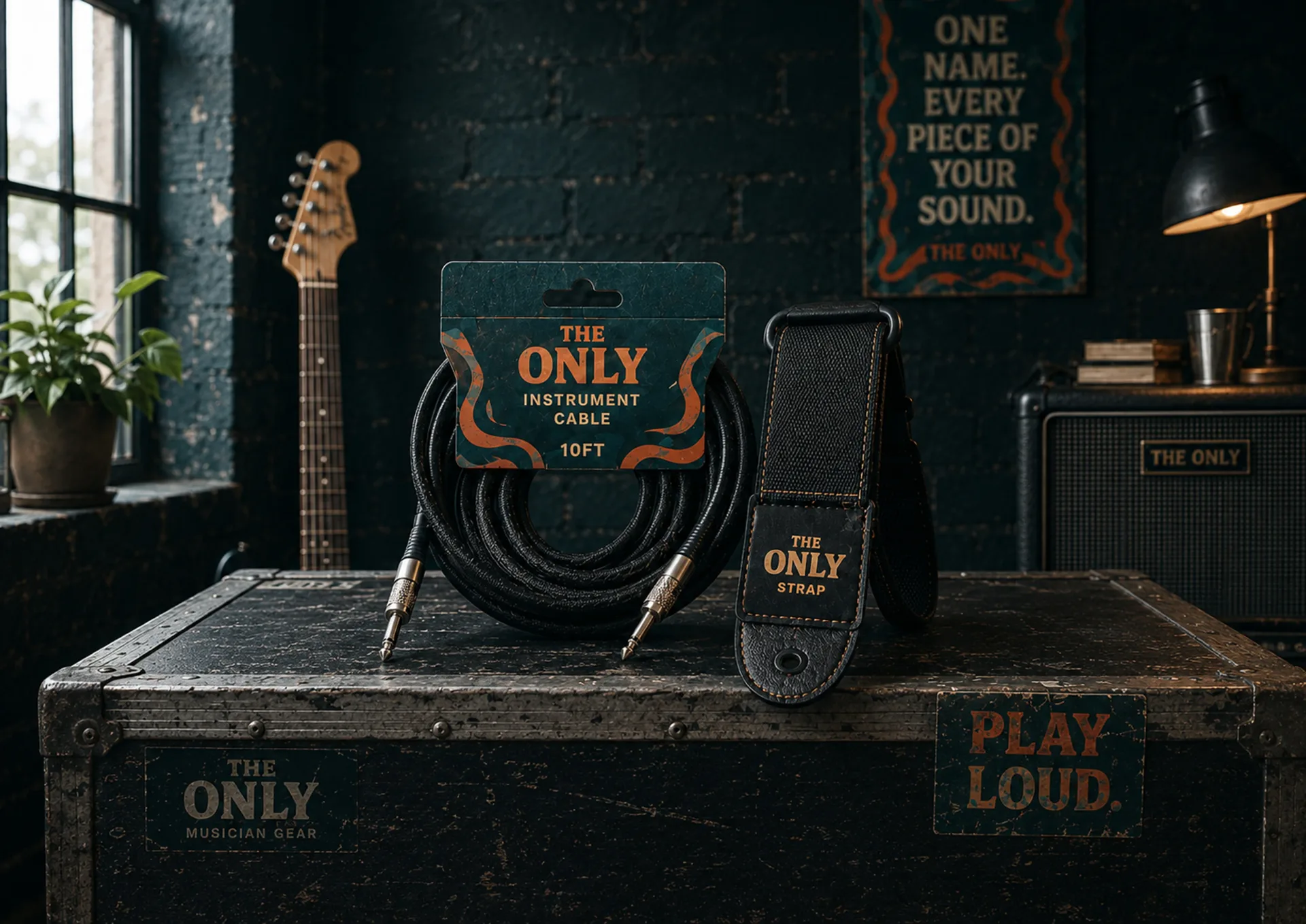 The Only — The Only cable and guitar strap kit arranged on a road case with amplifier and guitar