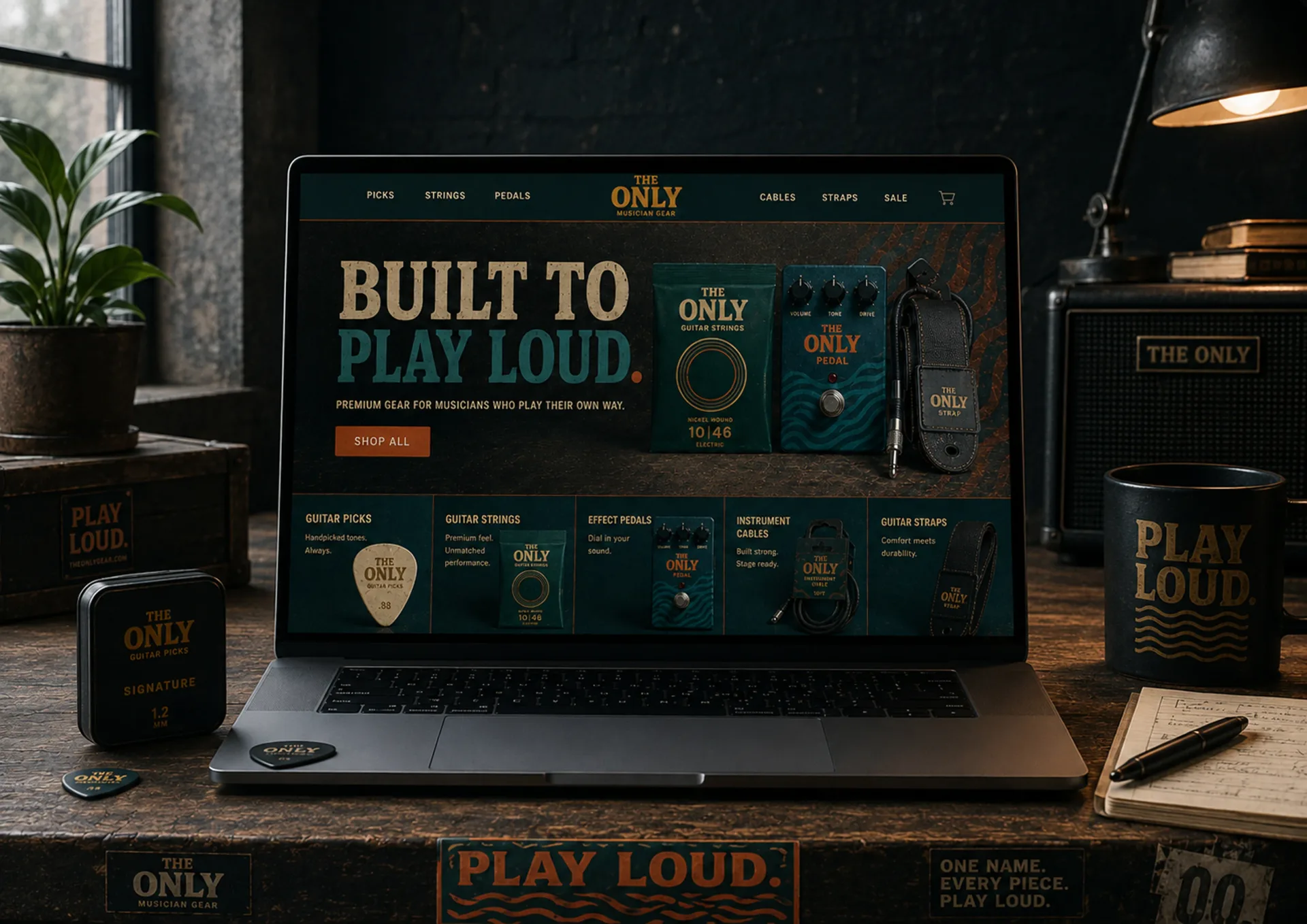 The Only — The Only musician gear ecommerce home page on a laptop surrounded by picks, mug, notebook, and amplifier