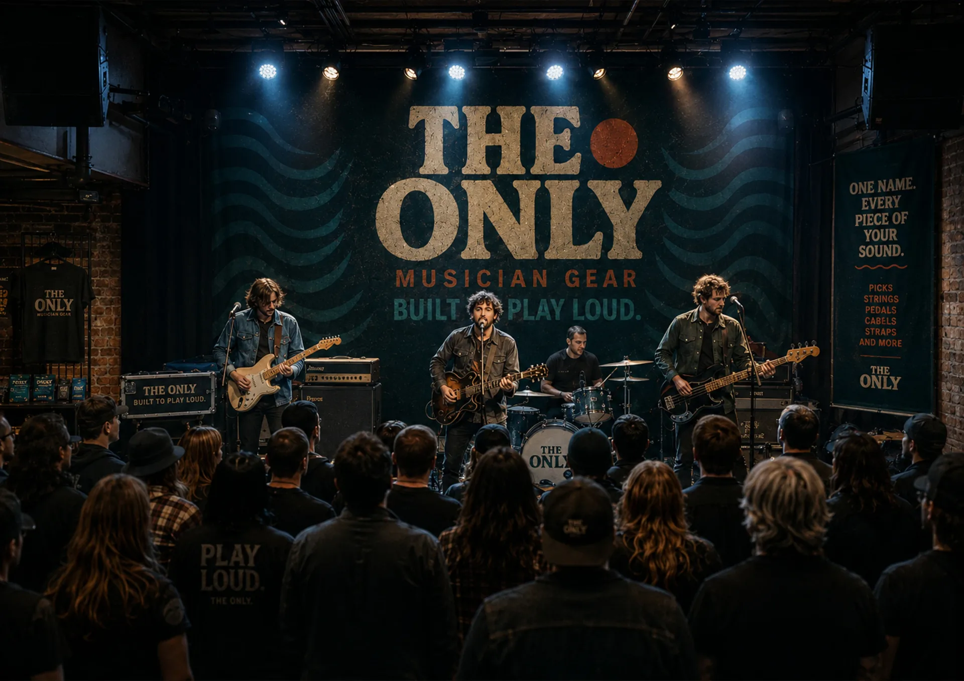 The Only — The Only musician gear stage backdrop behind a live band performance with merch and gear at the side