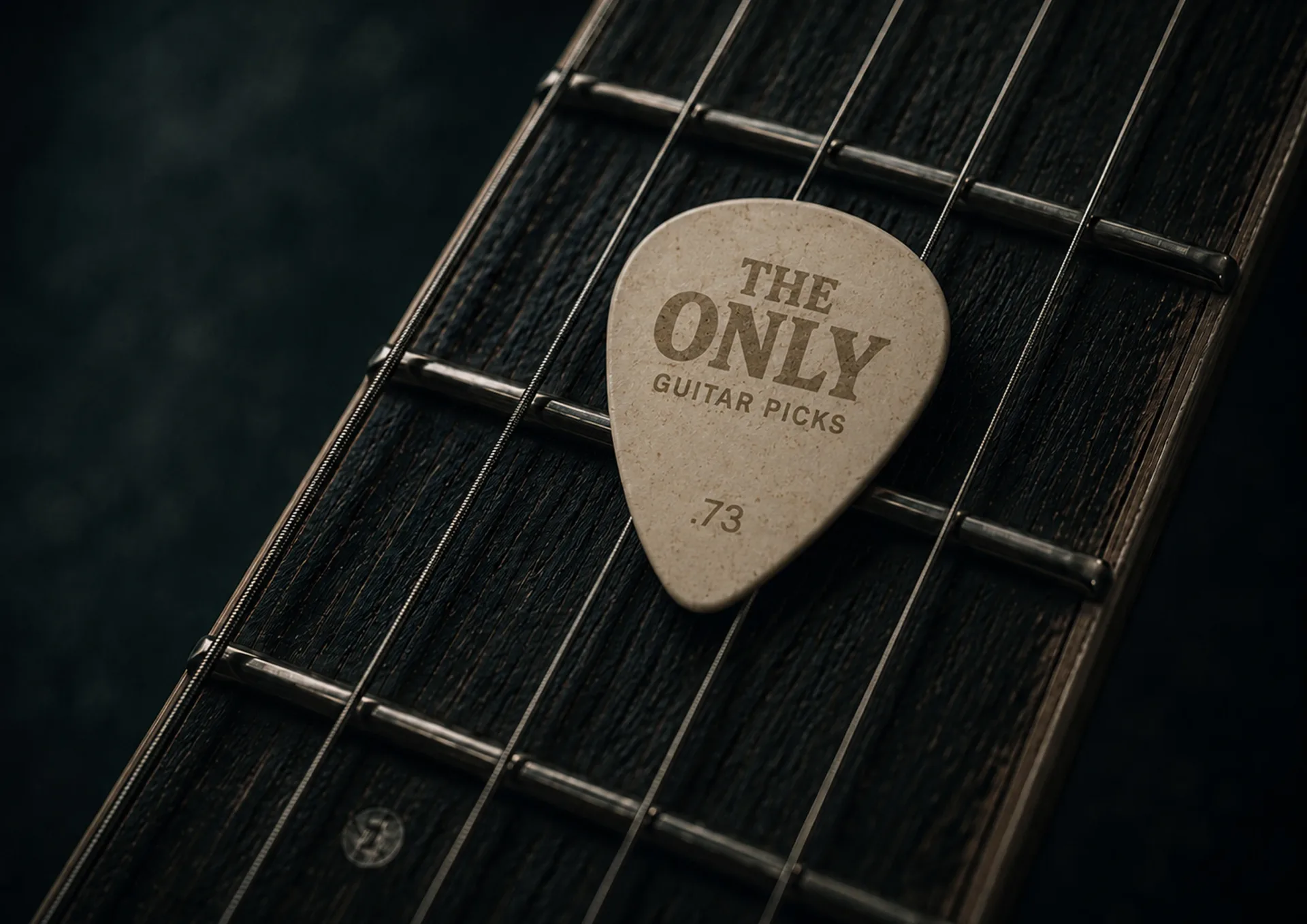 The Only — The Only guitar pick close-up on a dark guitar fretboard