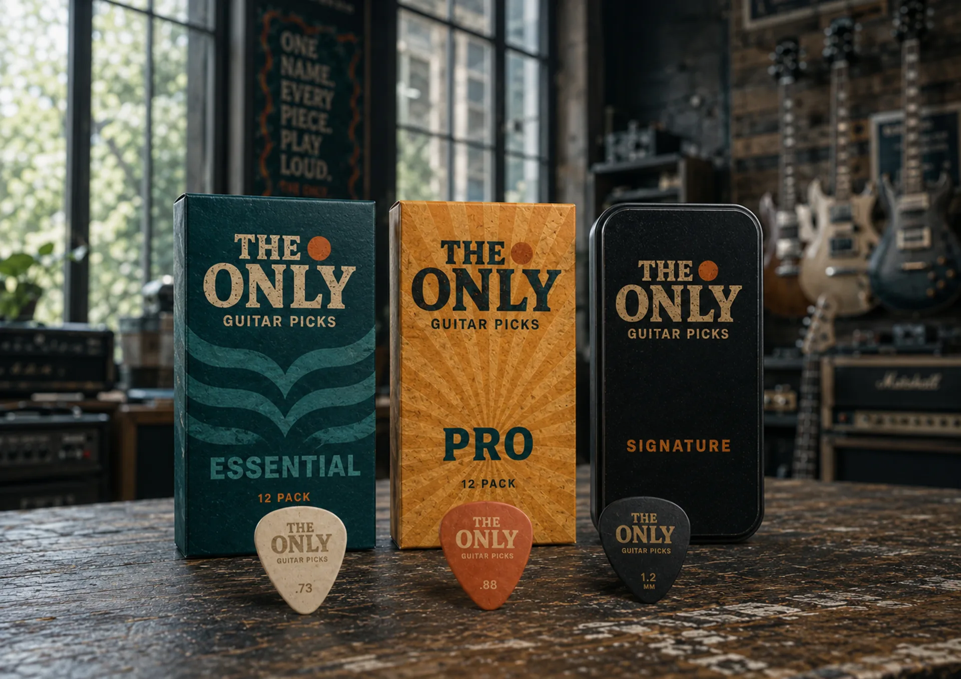The Only — The Only guitar pick packaging with Essential, Pro, and Signature pick packs in a music shop