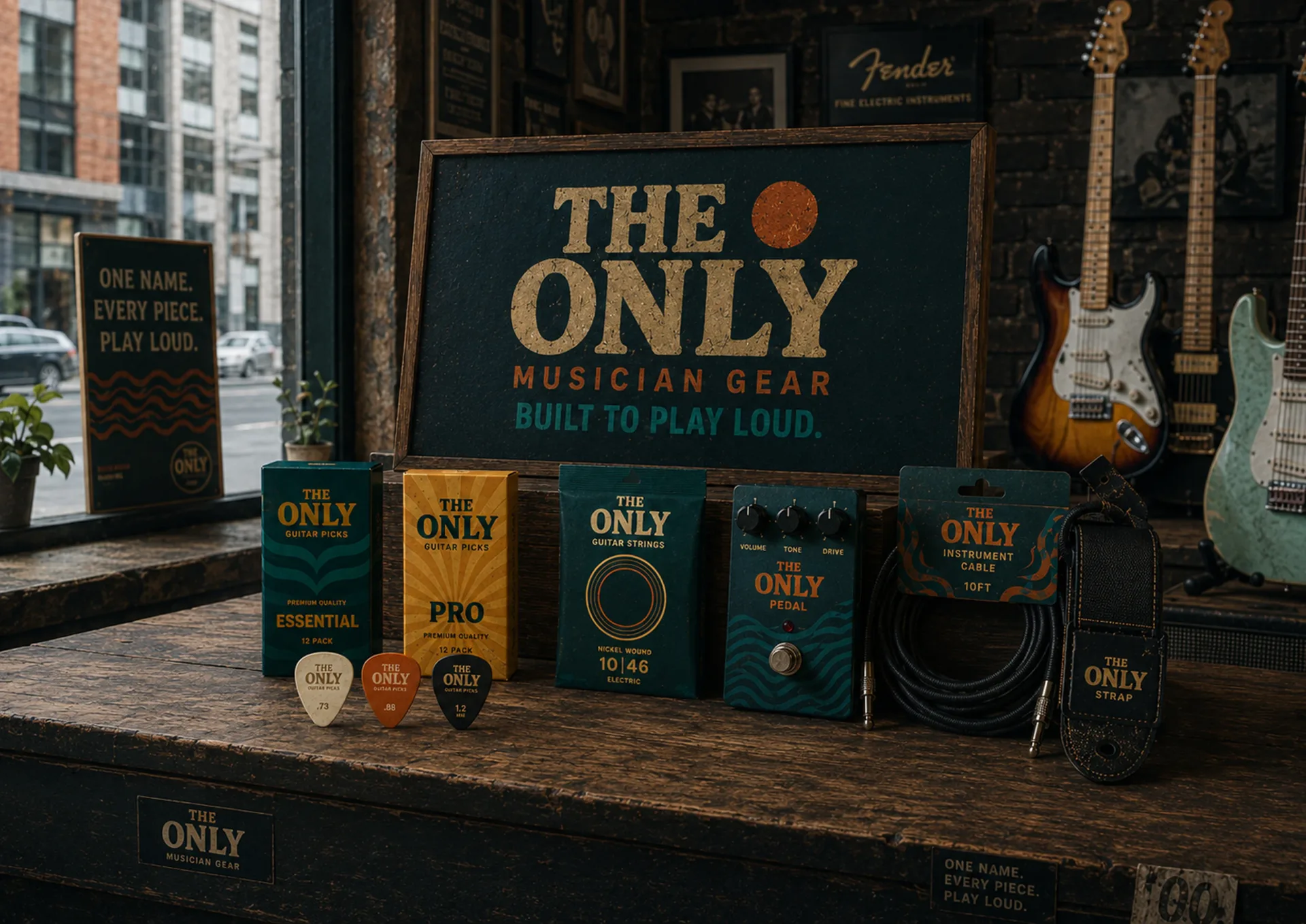 The Only — The Only musician gear product world with pick packs, strings, pedal, cable, strap, guitar, and campaign sign