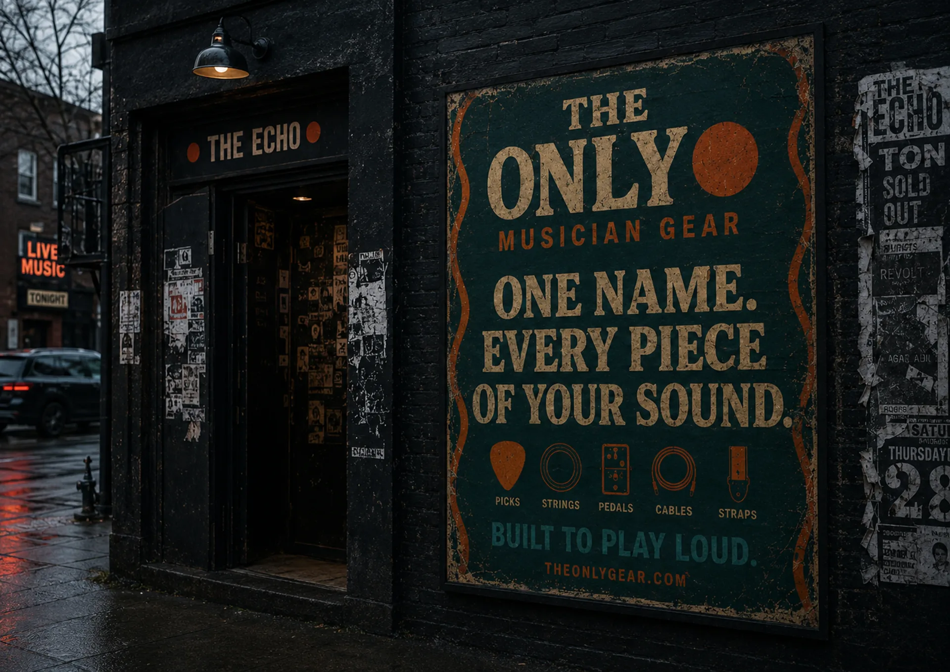 The Only — The Only musician gear exterior venue poster beside a music venue entrance on a rainy street